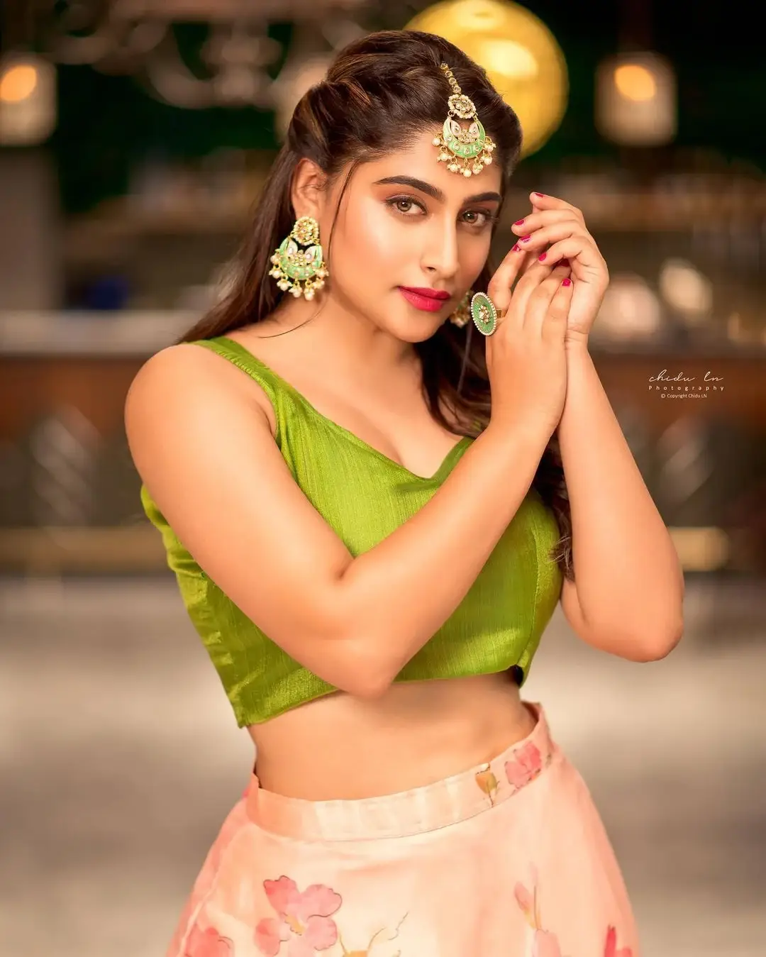 KANNADA ACTRESS NISHVIKA NAIDU IN GREEN LEHENGA CHOLI